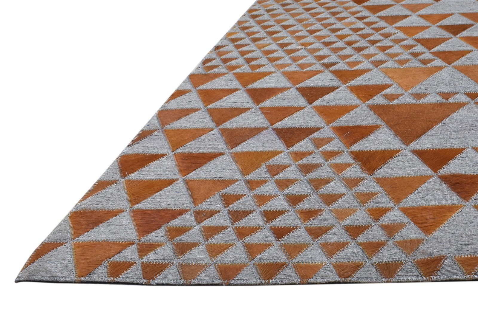 Hand Woven Rust Leather / Cotton Rug 5X8 Modern Scandinavian Triangles Room Size 