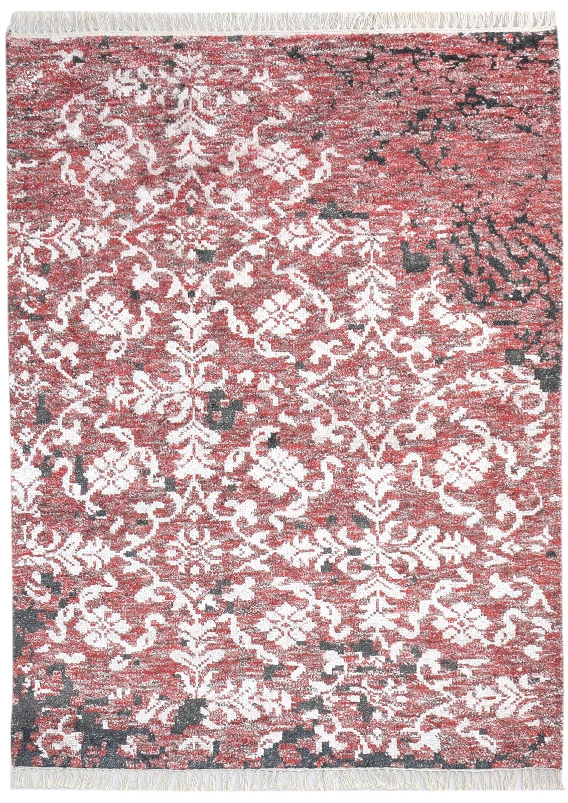 Hand Knotted Red Wool / Silk Rug 5' X 7' Modern French Damask Room Size Carpet 