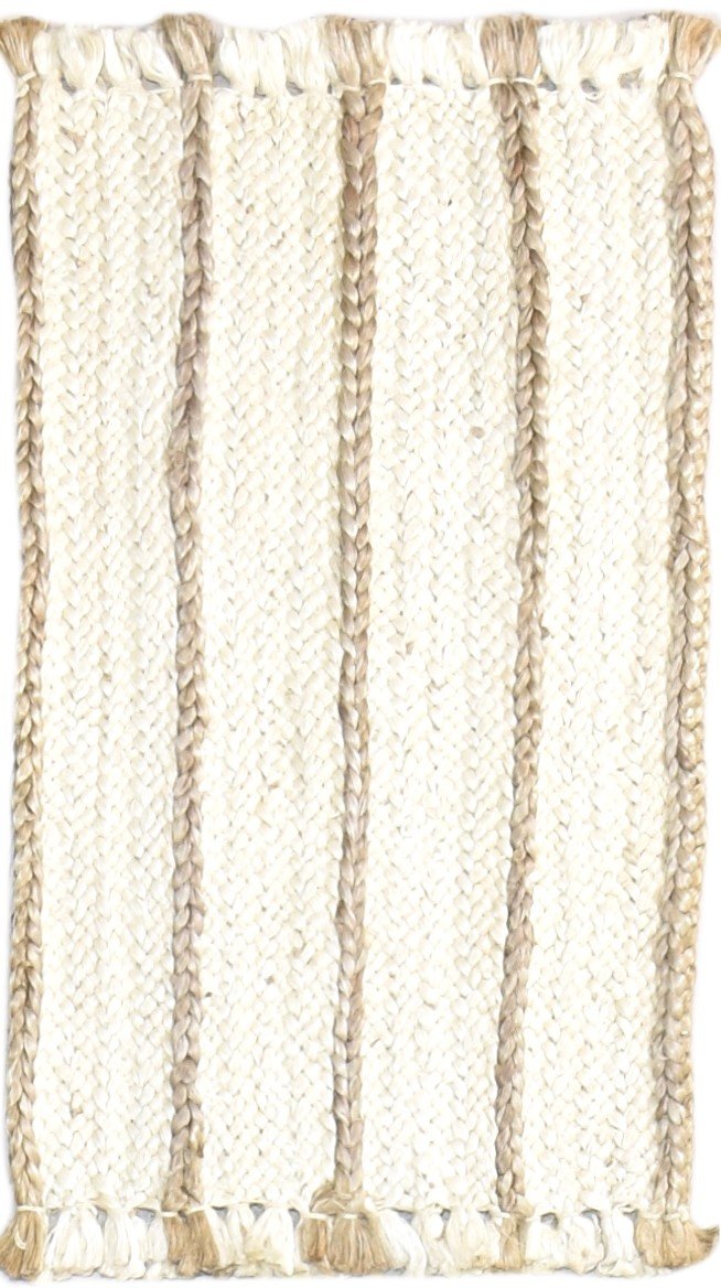 Jute Ivory Rug 2' X 3' Modern Hand Woven Scandinavian Striped Small Carpet 