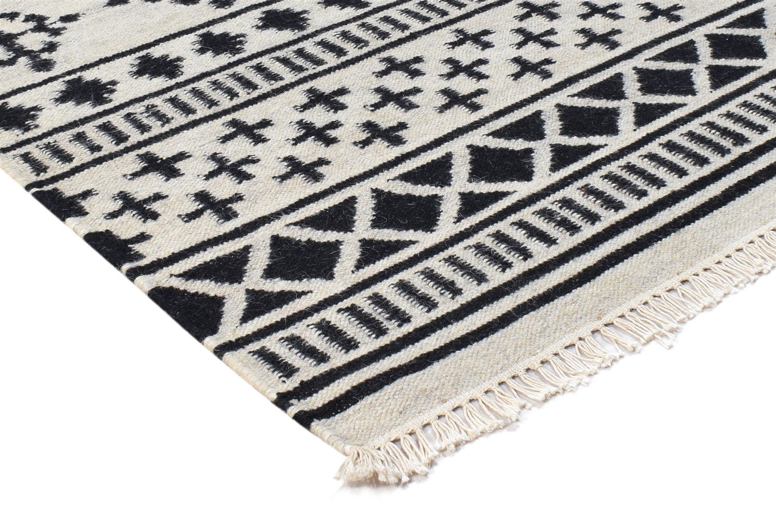 Wool Black Rug 4' X 6' Modern Dhurrie Scandinavian Tribal Room Size Carpet 