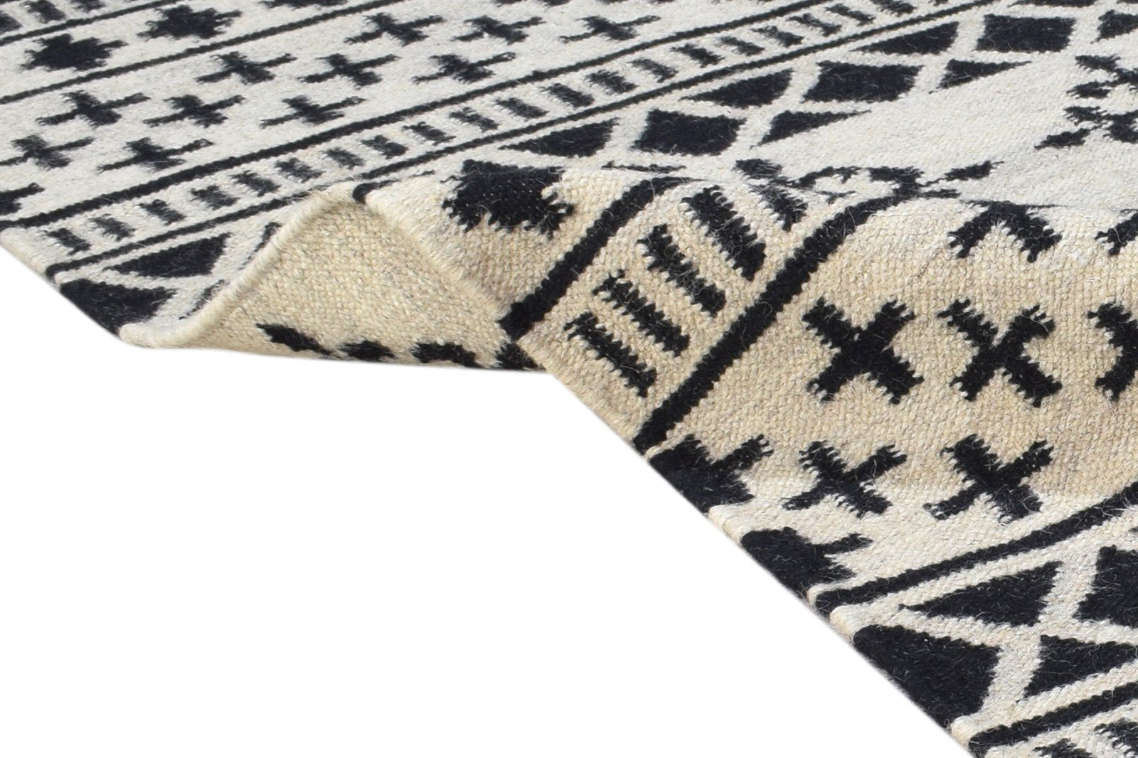 Wool Black Rug 4' X 6' Modern Dhurrie Scandinavian Tribal Room Size Carpet 