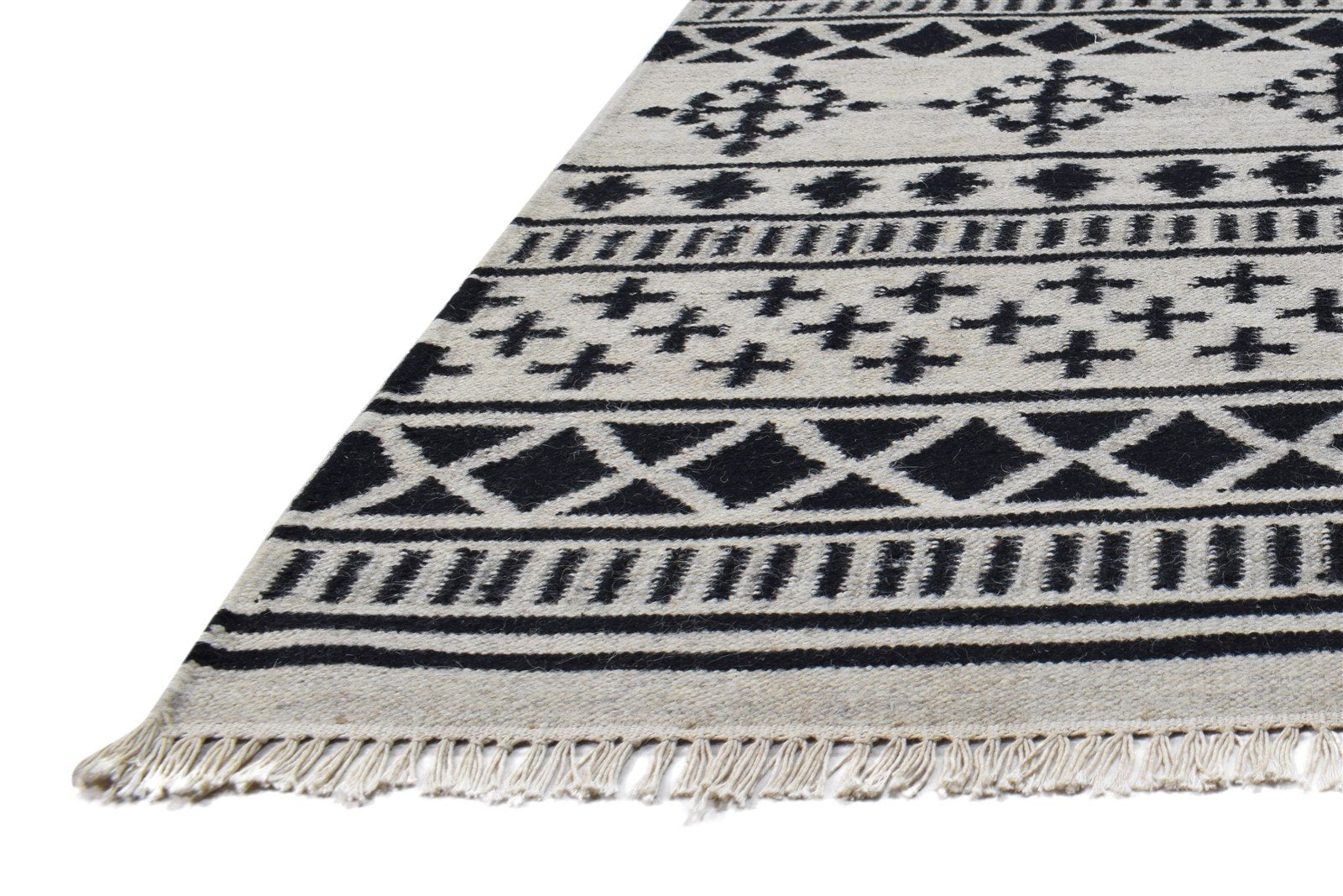 Wool Black Rug 4' X 6' Modern Dhurrie Scandinavian Tribal Room Size Carpet 