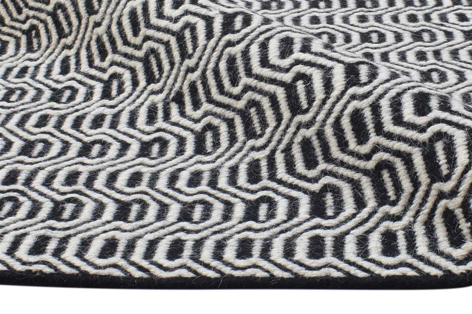 Dhurrie Black Wool Rug 4' X 6' Modern French Geometric Room Size Carpet 