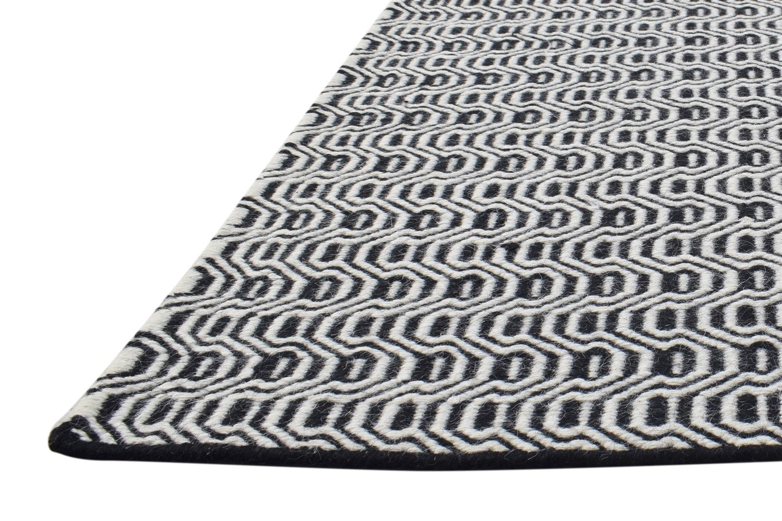 Dhurrie Black Wool Rug 4' X 6' Modern French Geometric Room Size Carpet 