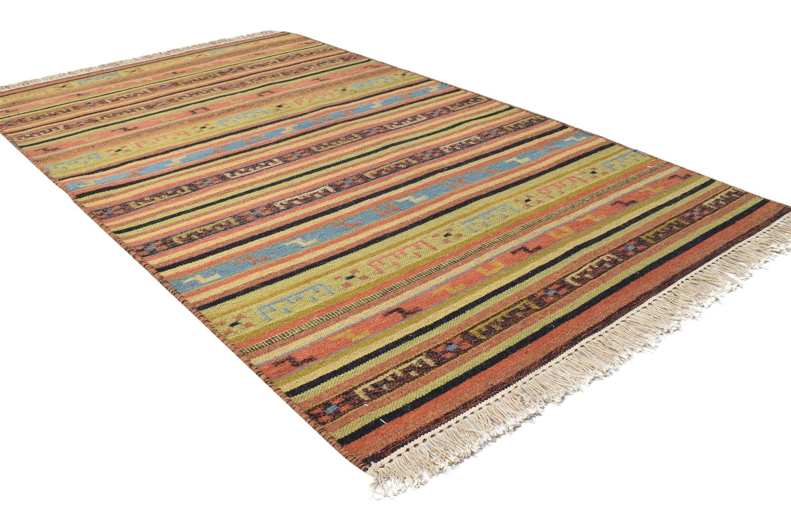 Wool Rust Rug 3' X 5' Modern Dhurrie Scandinavian Striped Room Size Carpet 