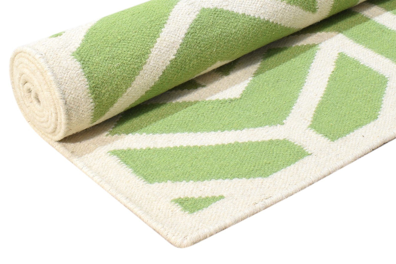 Wool Green Rug 4' X 6' Modern Dhurrie French Geometric Room Size Carpet 