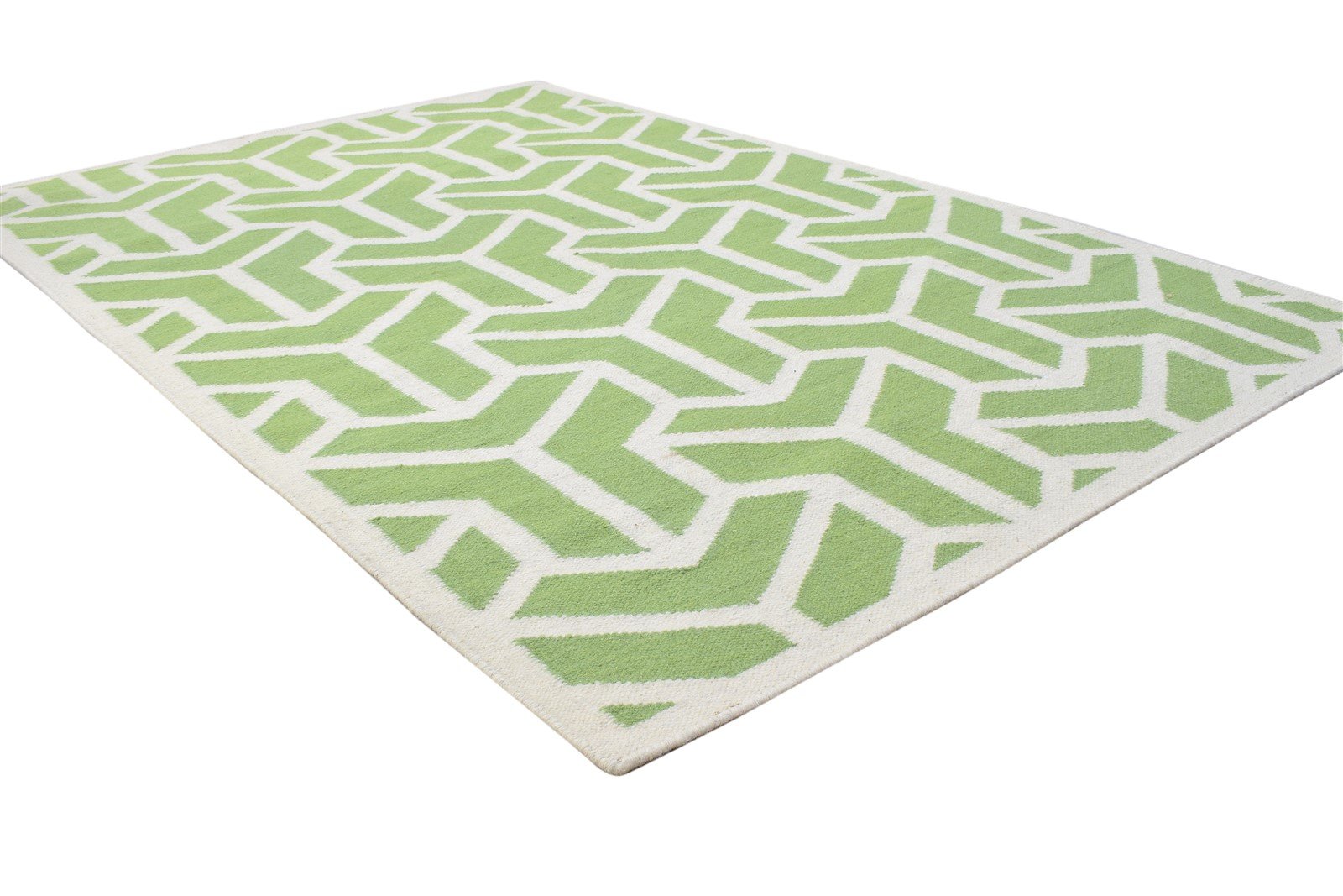 Wool Green Rug 4' X 6' Modern Dhurrie French Geometric Room Size Carpet 