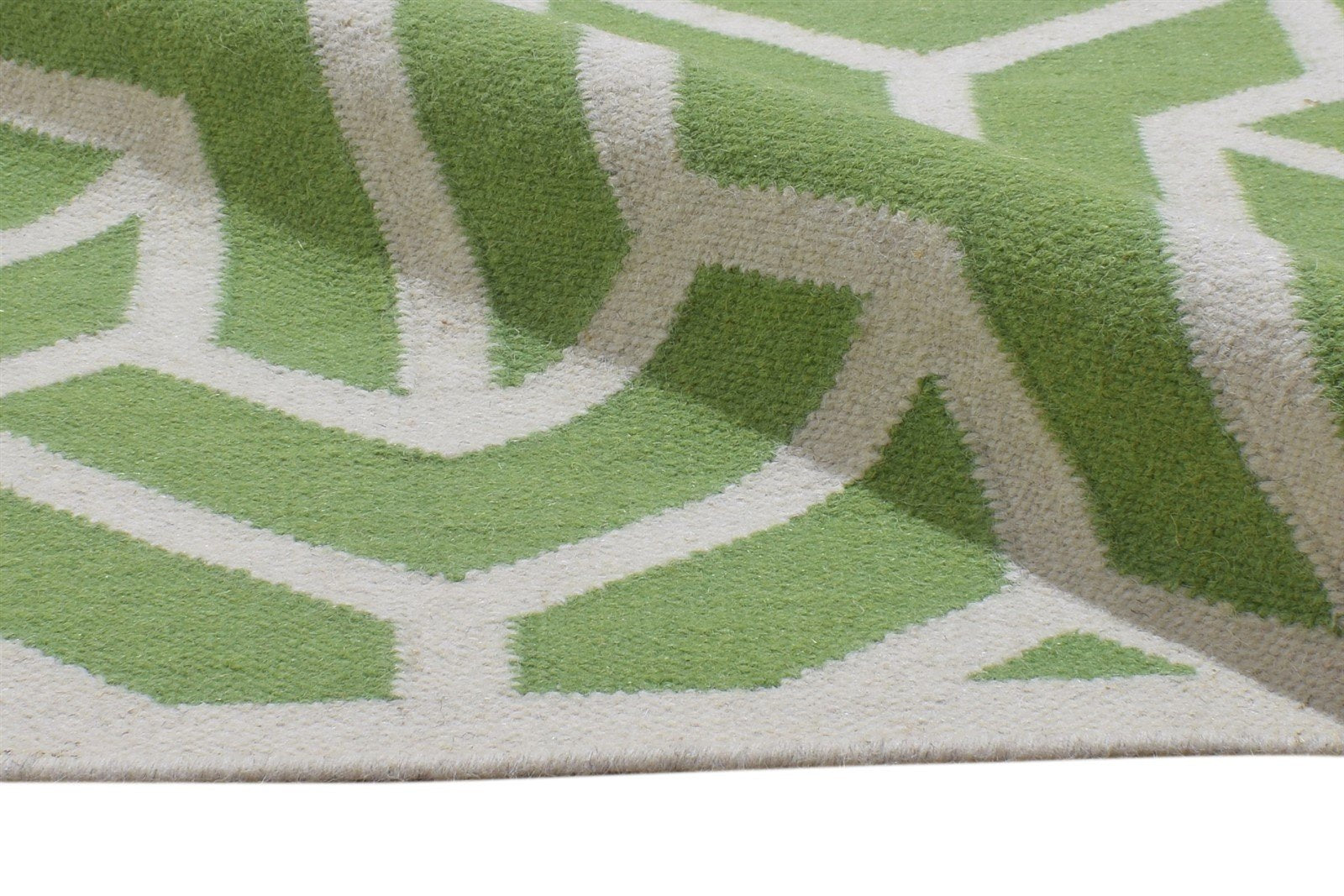 Wool Green Rug 4' X 6' Modern Dhurrie French Geometric Room Size Carpet 