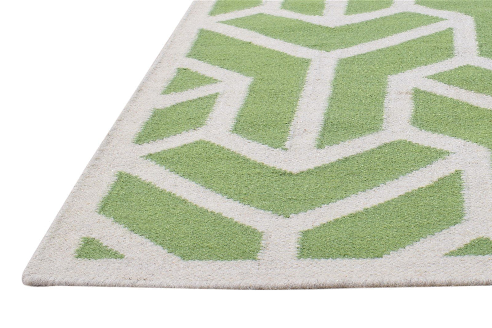 Wool Green Rug 4' X 6' Modern Dhurrie French Geometric Room Size Carpet 