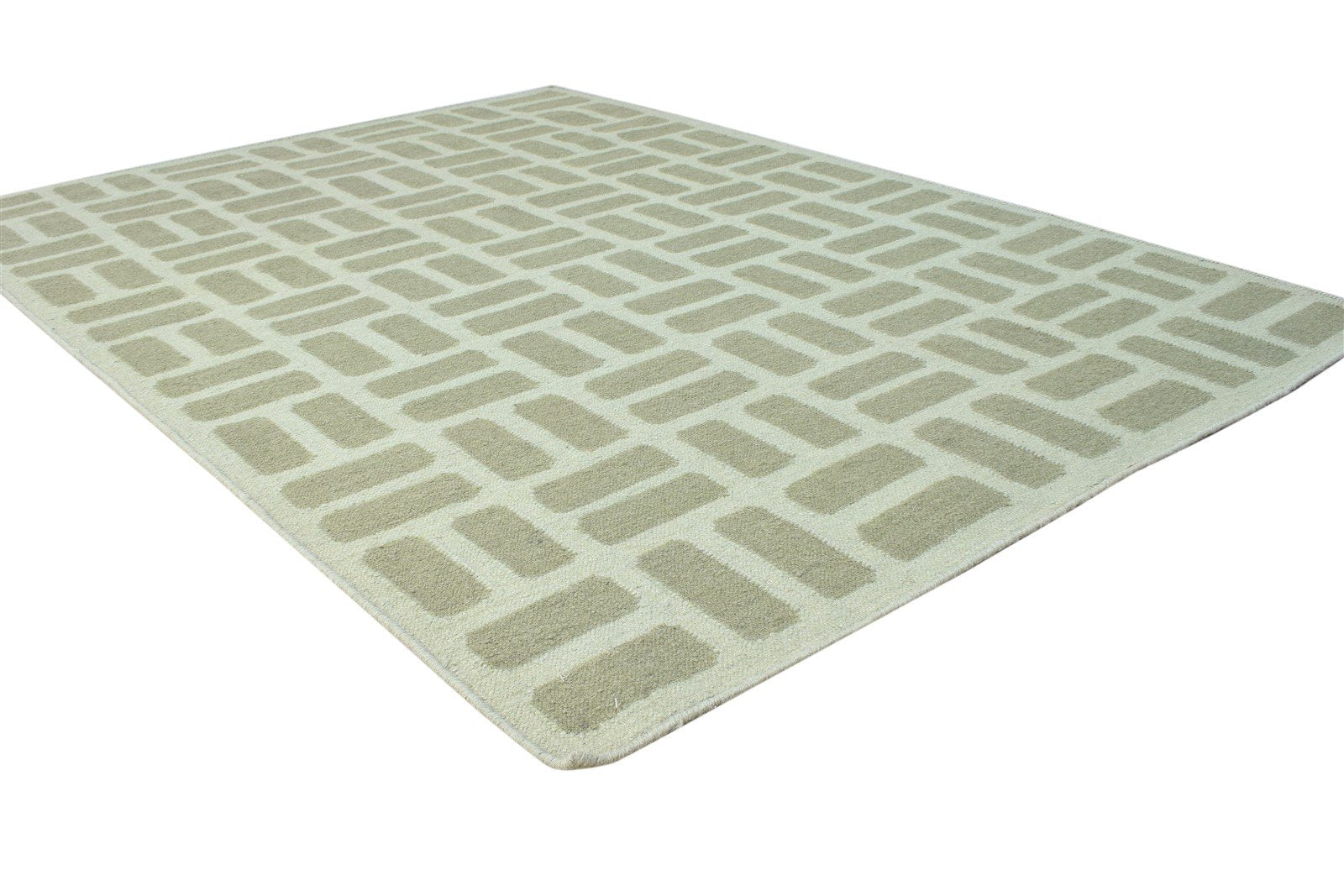 Green Wool Rug 4' X 6' Modern Dhurrie French Abstract Room Size Carpet 