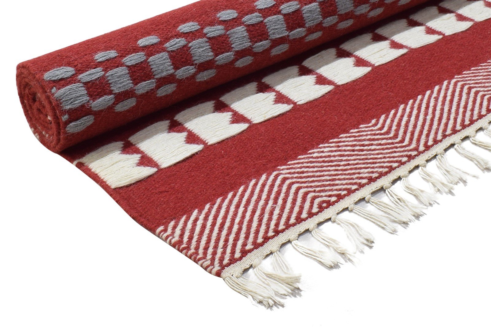 Red Wool Rug 4' X 6' Modern Dhurrie Scandinavian Striped Room Size Carpet 