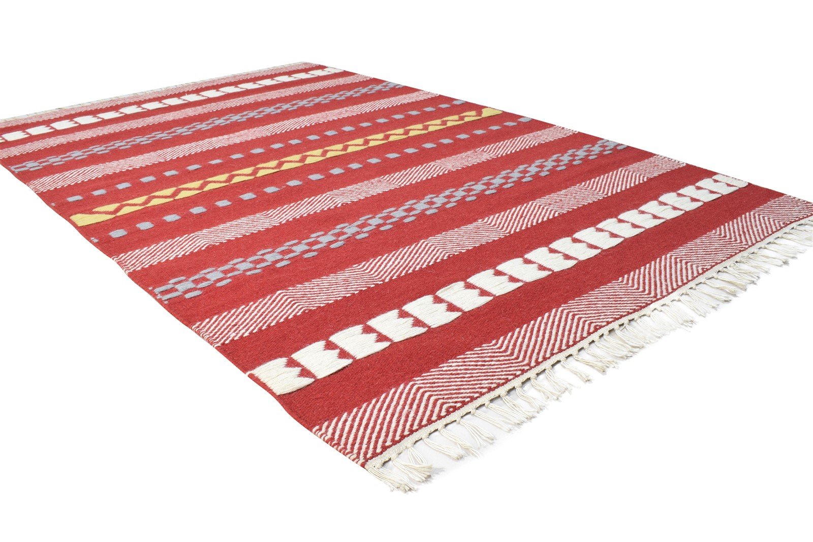 Red Wool Rug 4' X 6' Modern Dhurrie Scandinavian Striped Room Size Carpet 