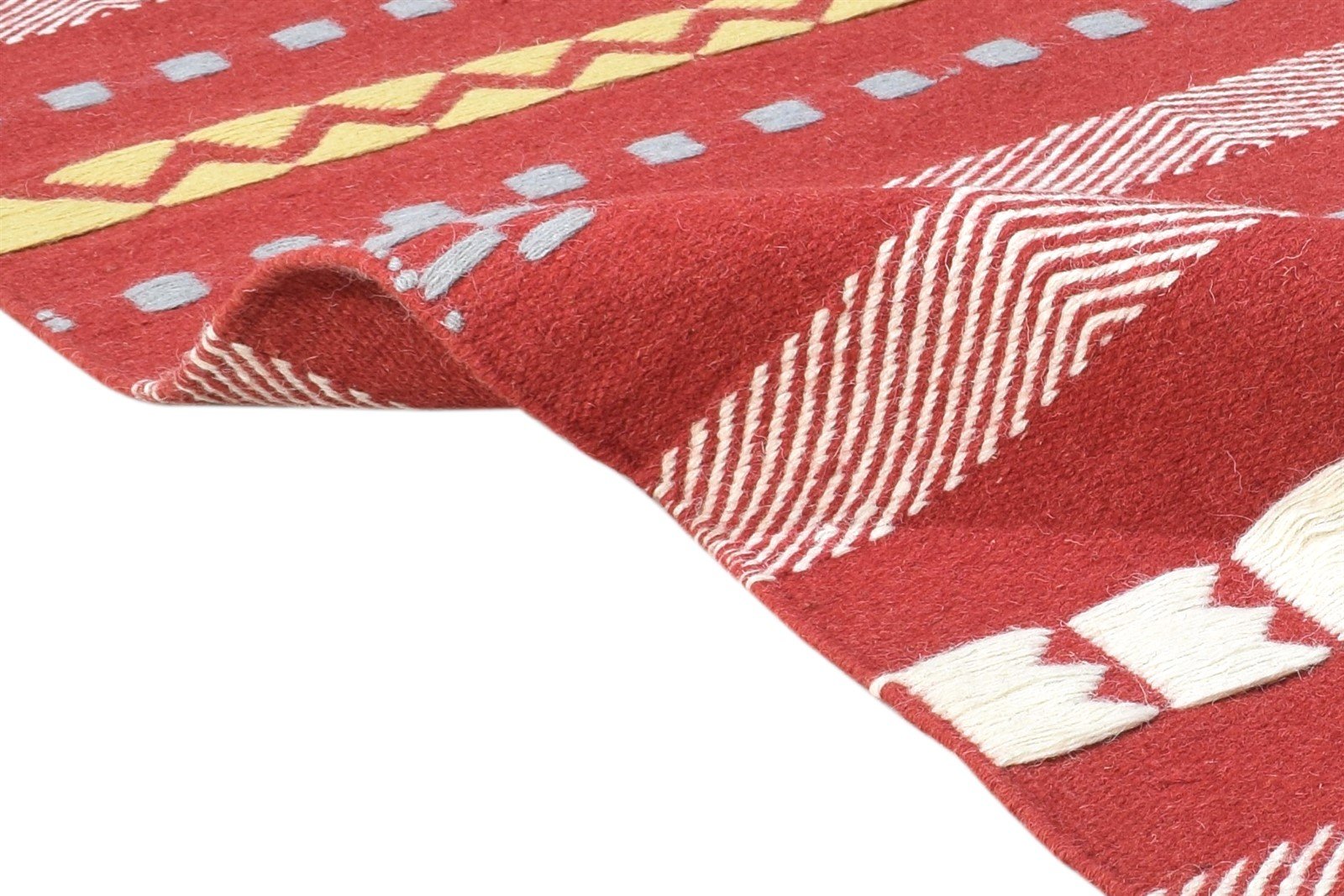 Red Wool Rug 4' X 6' Modern Dhurrie Scandinavian Striped Room Size Carpet 