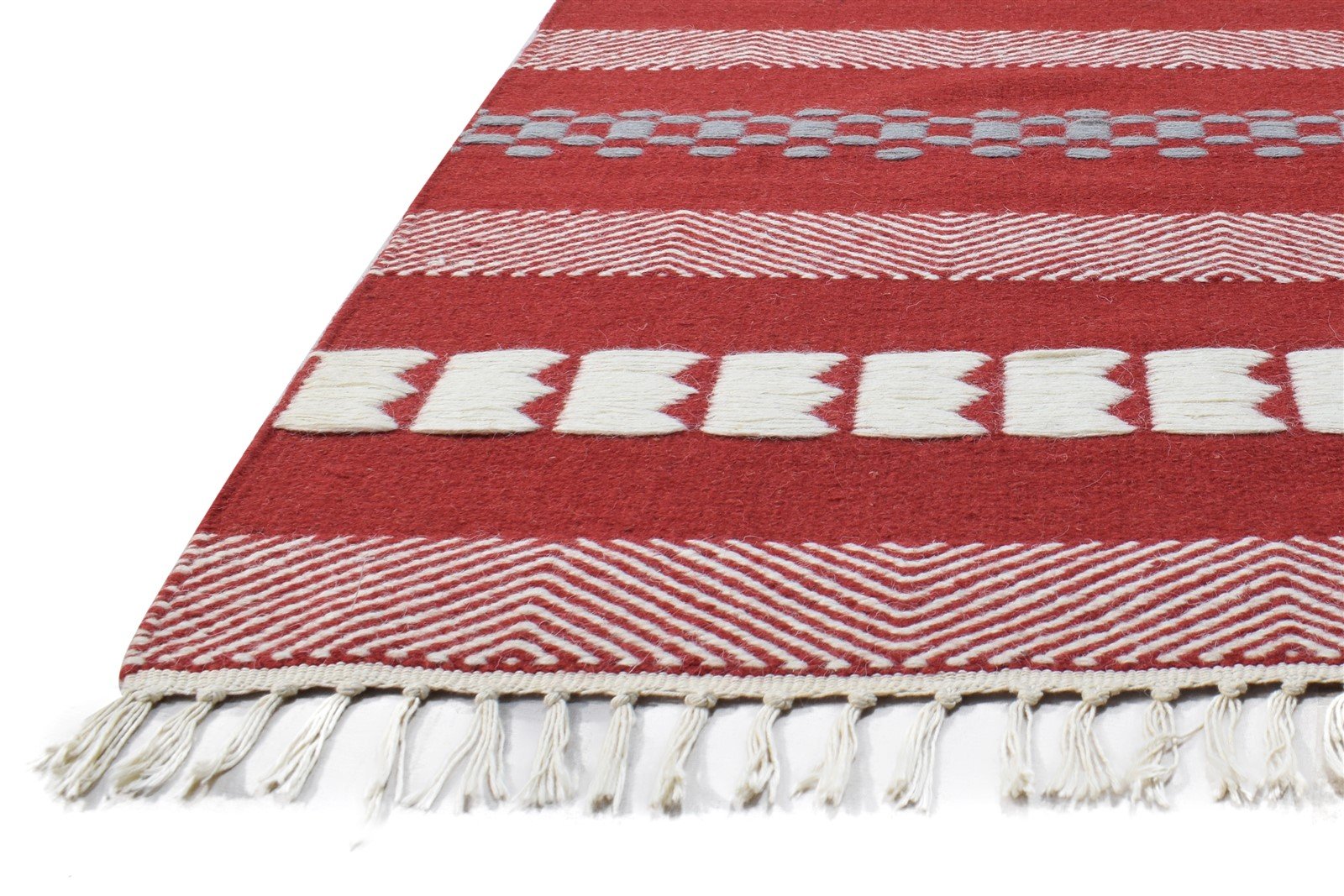 Red Wool Rug 4' X 6' Modern Dhurrie Scandinavian Striped Room Size Carpet 