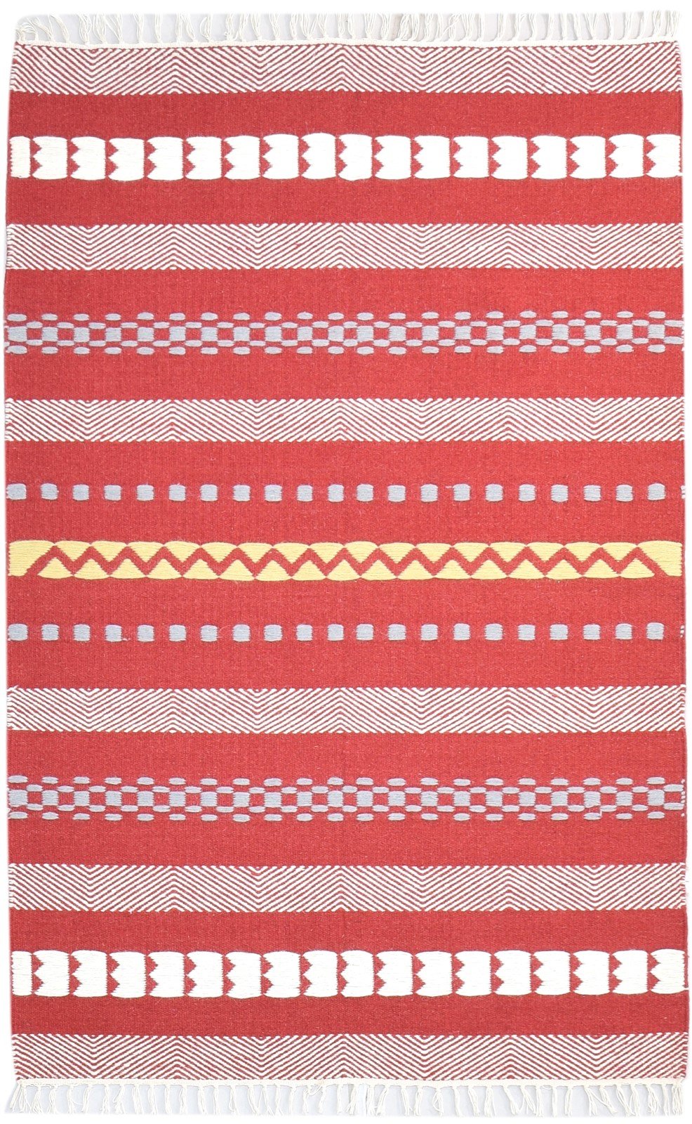 Red Wool Rug 4' X 6' Modern Dhurrie Scandinavian Striped Room Size Carpet 