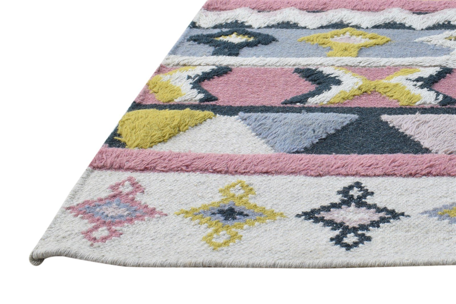 Pink Wool Rug 4' X 6' Modern Dhurrie Scandinavian Striped Room Size Carpet 