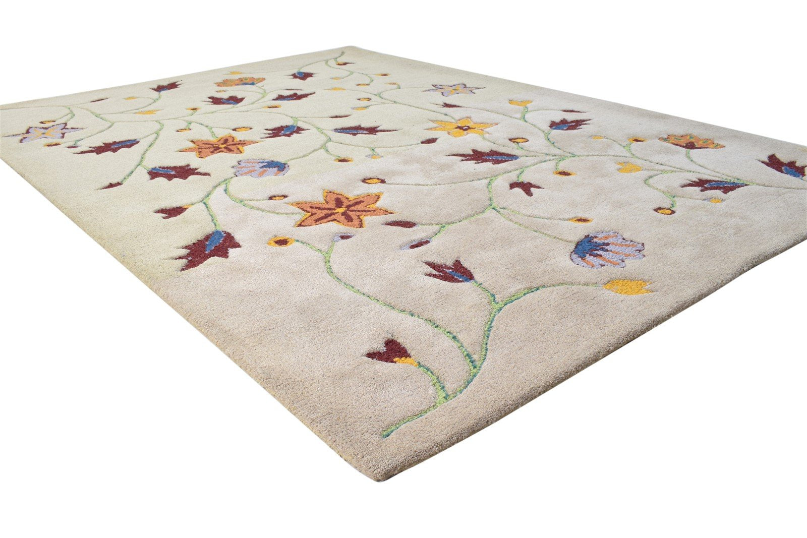 Beige Wool Rug 6' X 8' Modern Hand Tufted French Floral Room Size Carpet 