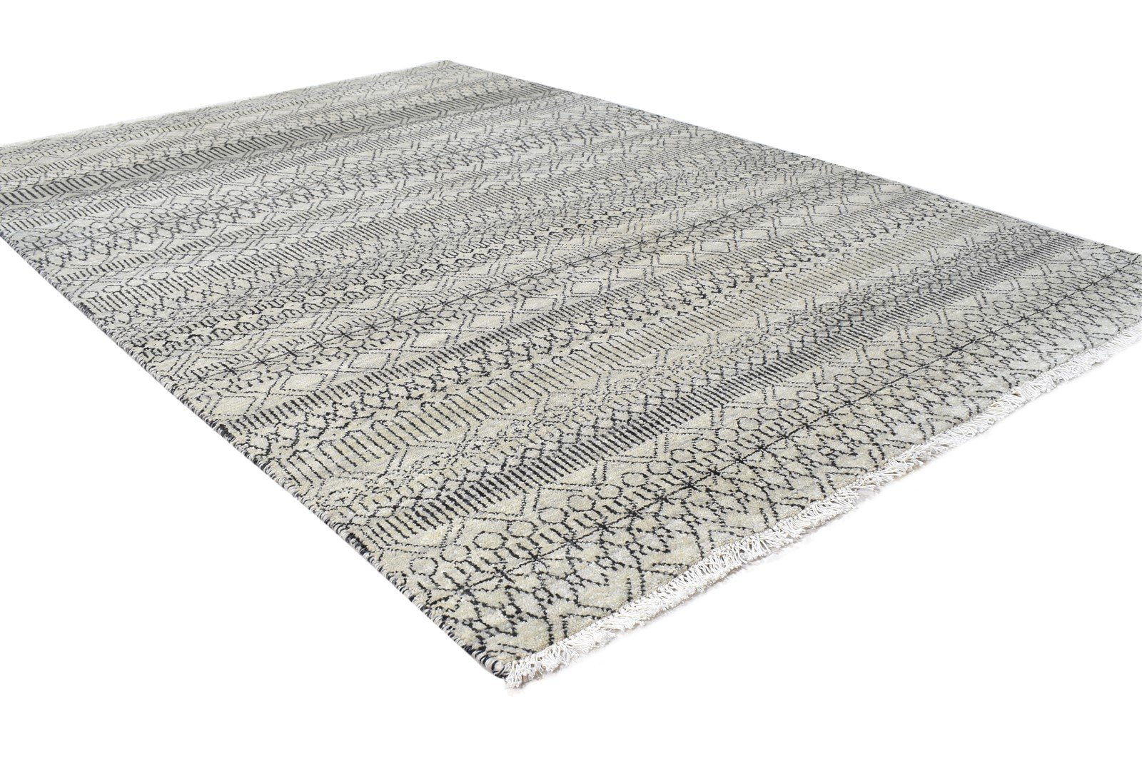 Ivory Wool Rug 4' X 6' Modern Hand Knotted Scandinavian Striped Room Size Carpet 