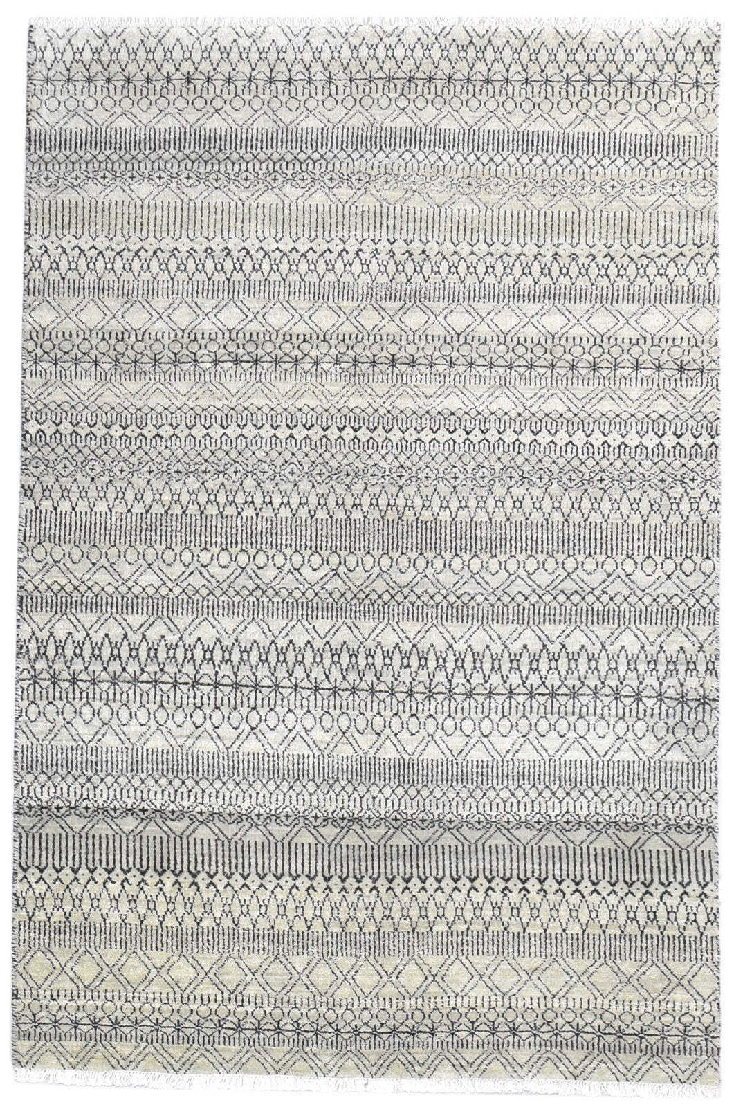 Ivory Wool Rug 4' X 6' Modern Hand Knotted Scandinavian Striped Room Size Carpet 