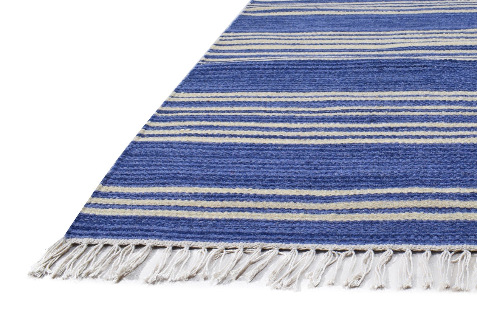 Blue Wool Rug 4' X 6' Modern Dhurrie Bohemian Striped Room Size Carpet 