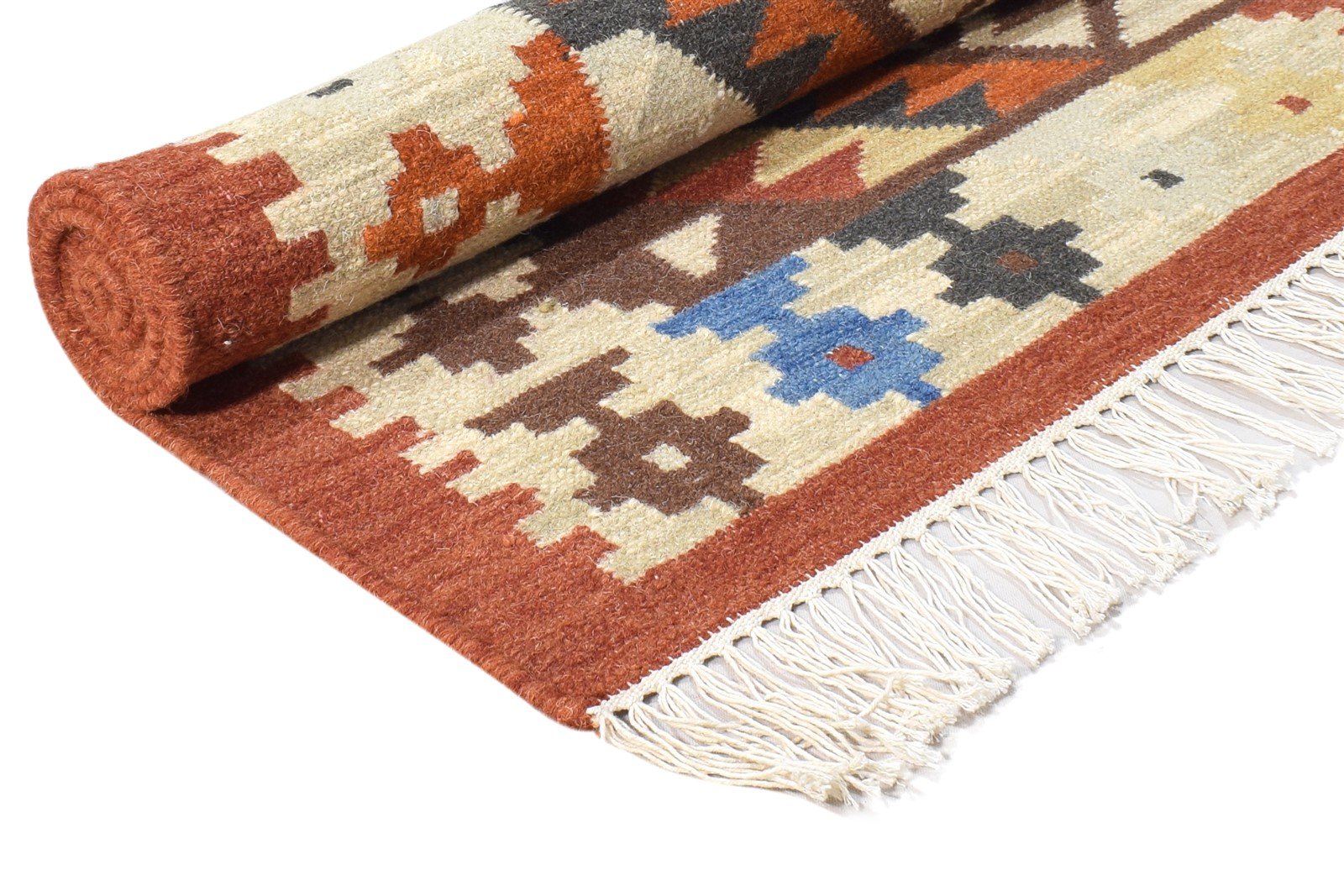 Wool Beige Rug 4' X 6' Southwestern Dhurrie American Tribal Room Size Carpet 