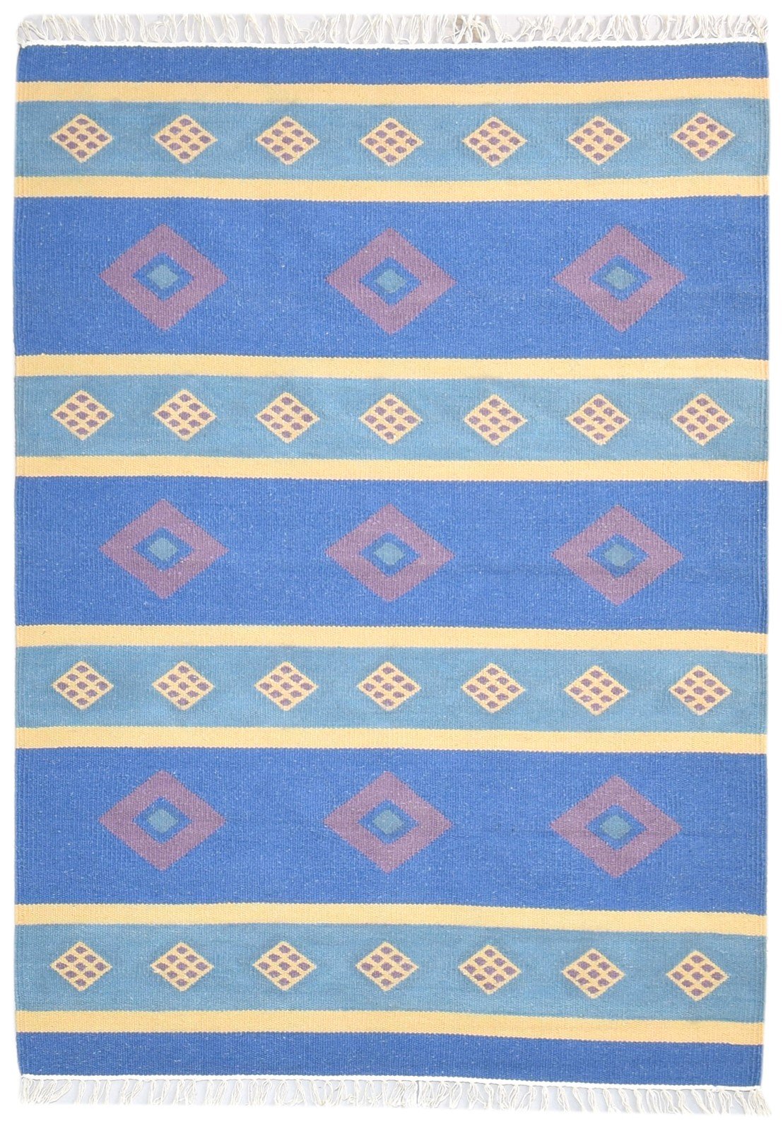 Dhurrie Blue Wool Rug 4' X 6' Southwestern American Tribal Room Size Carpet 