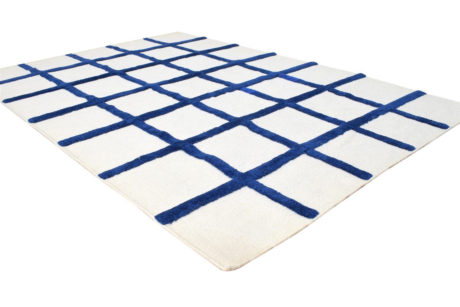 4' X 6' Rug Wool Blue Modern Hand Tufted Scandinavian Plaids Room Size Carpet 