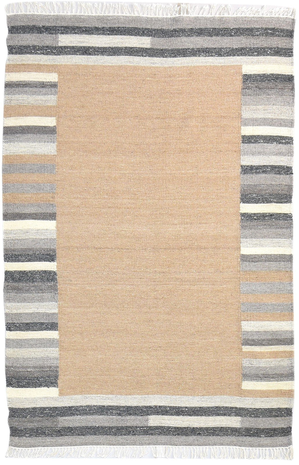 Dhurrie Beige Wool Rug 4' X 6' Southwestern American Tribal Room Size Carpet 