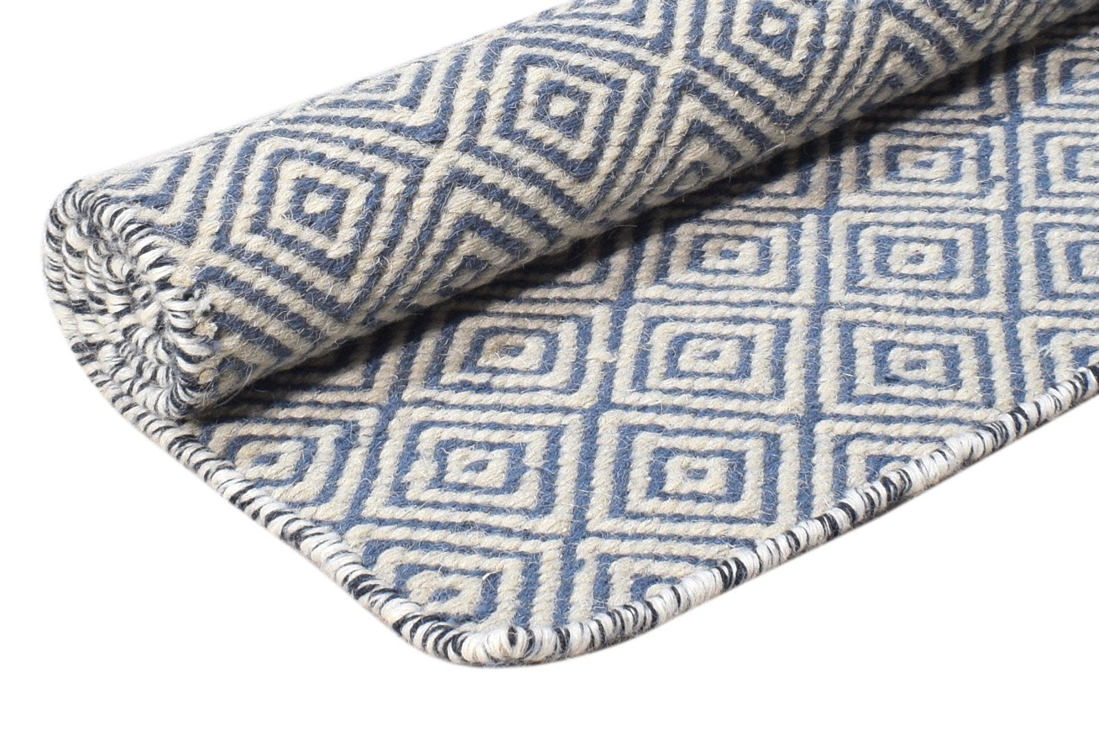 Wool Blue Rug 2' X 3' Modern Dhurrie Scandinavian Diamond Small Carpet 