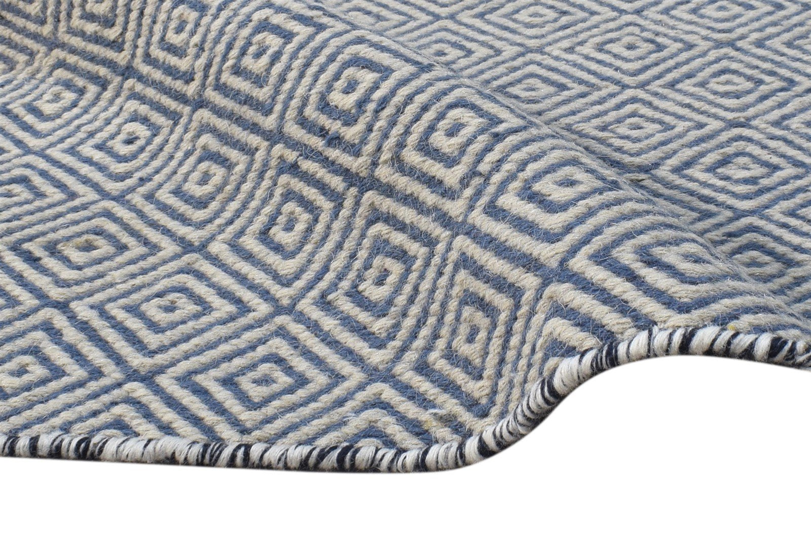 Wool Blue Rug 2' X 3' Modern Dhurrie Scandinavian Diamond Small Carpet 