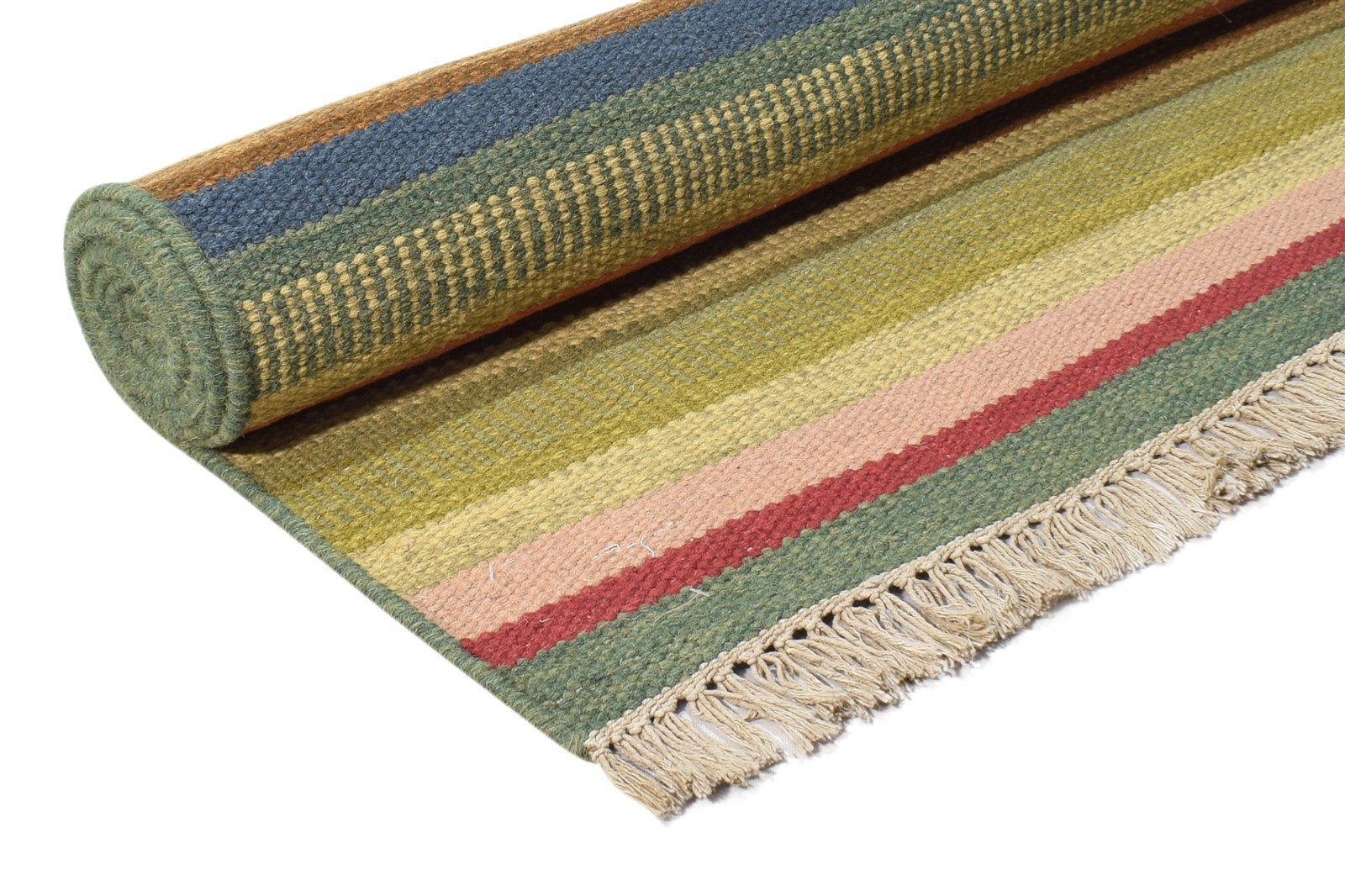 5' X 8' Rug Wool Green Modern Dhurrie Bohemian Striped Room Size Carpet 