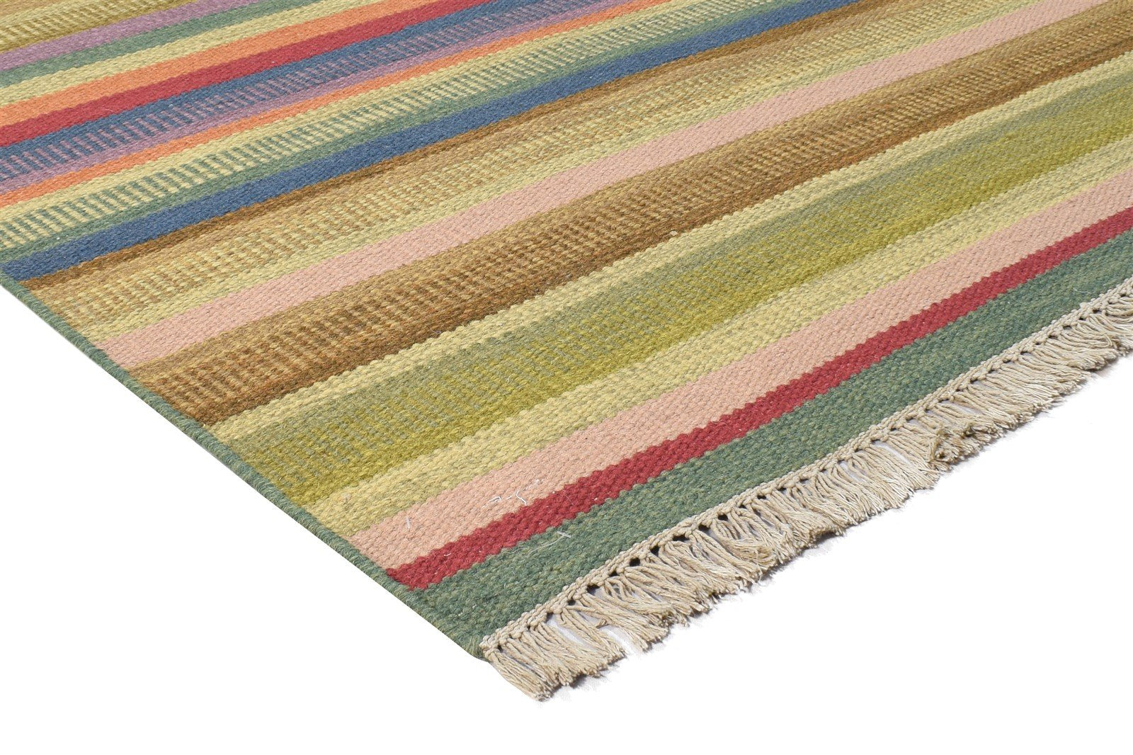 5' X 8' Rug Wool Green Modern Dhurrie Bohemian Striped Room Size Carpet 