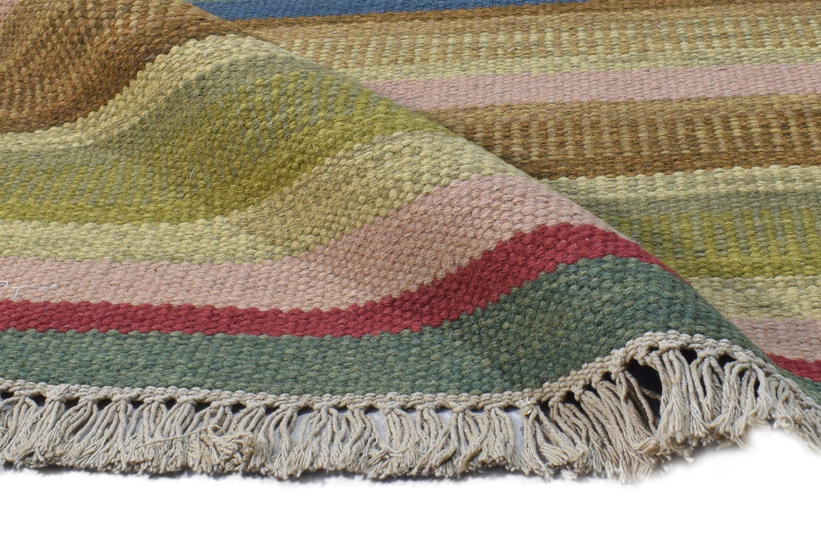 5' X 8' Rug Wool Green Modern Dhurrie Bohemian Striped Room Size Carpet 