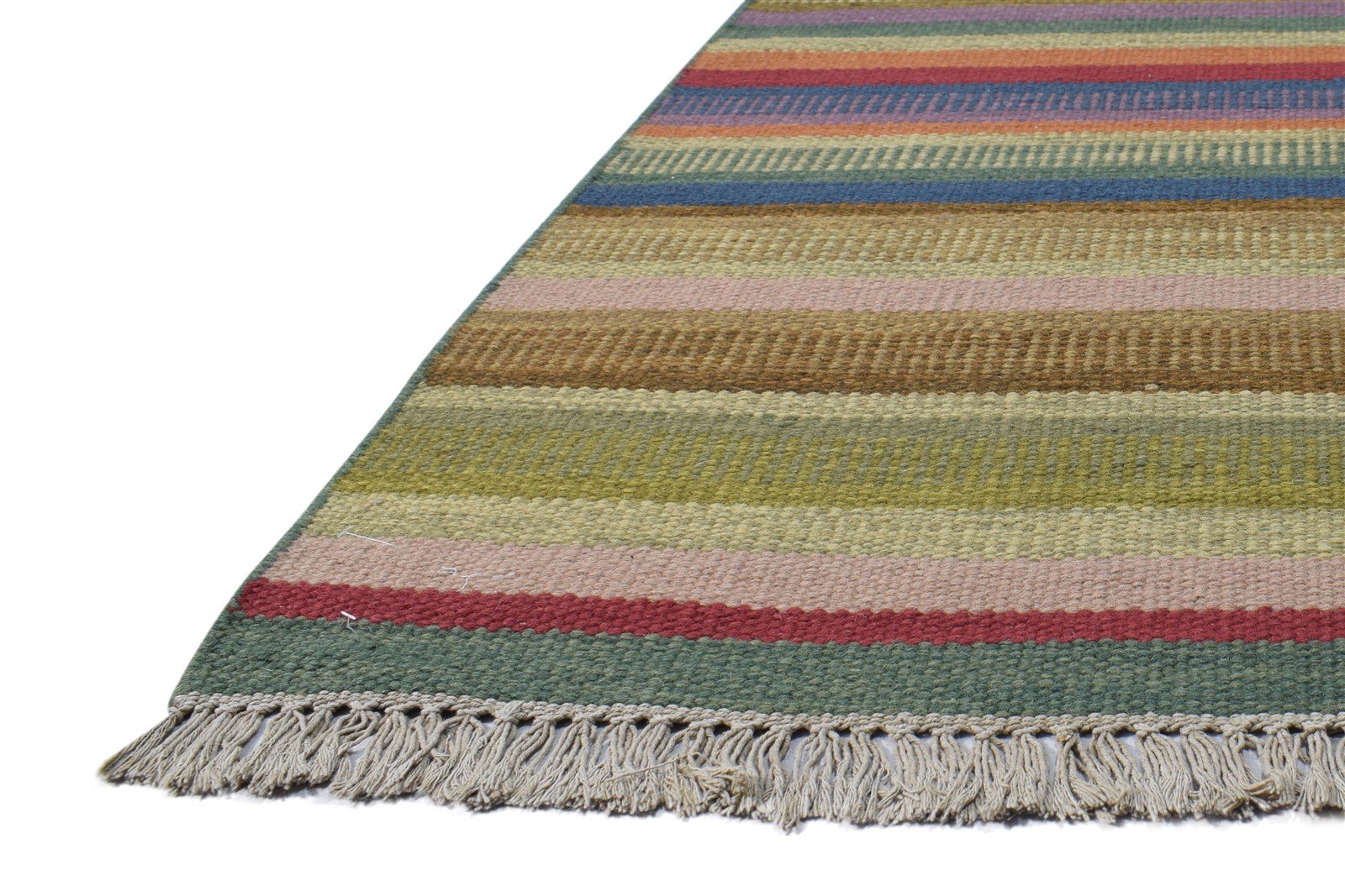 5' X 8' Rug Wool Green Modern Dhurrie Bohemian Striped Room Size Carpet 