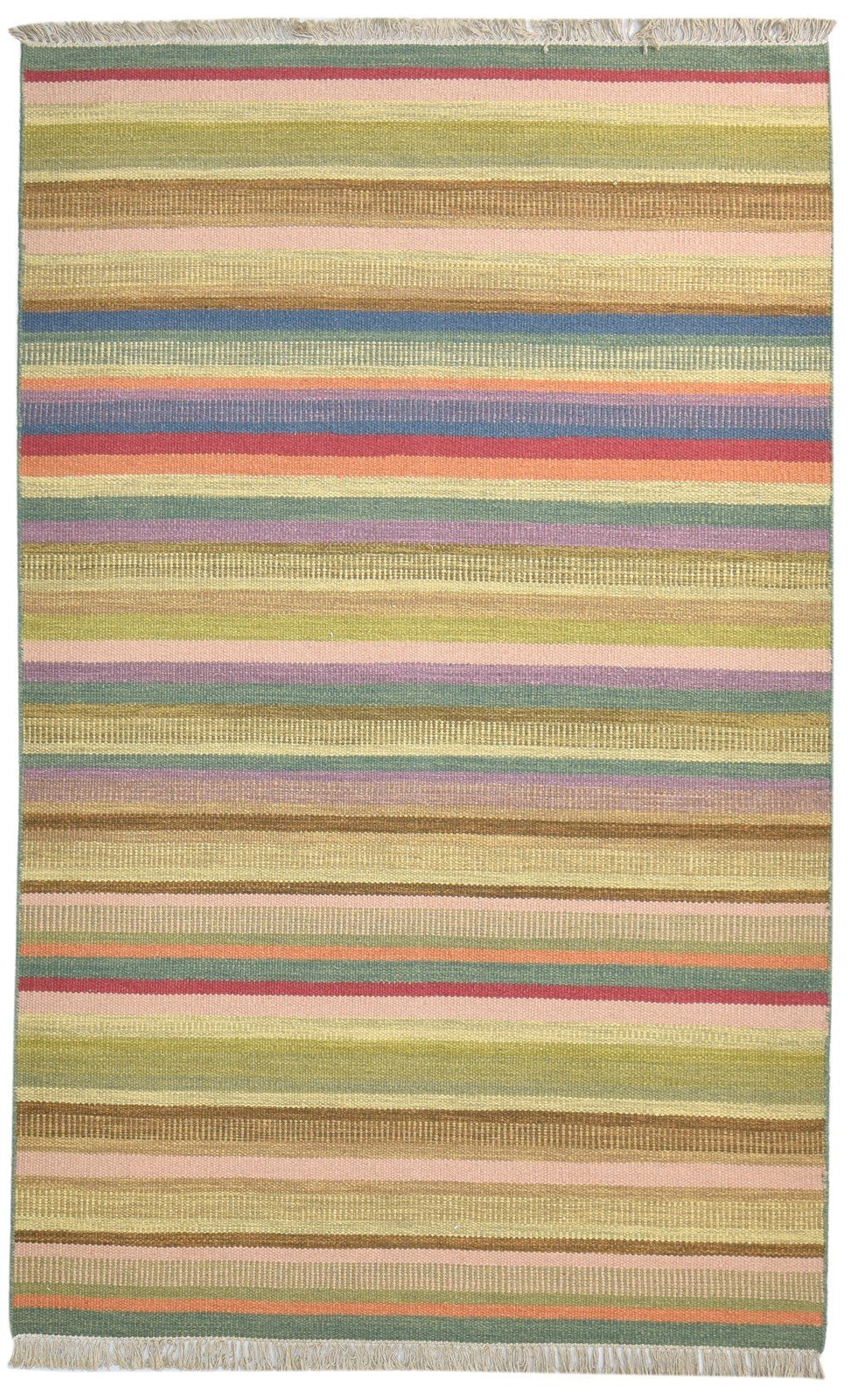 5' X 8' Rug Wool Green Modern Dhurrie Bohemian Striped Room Size Carpet 