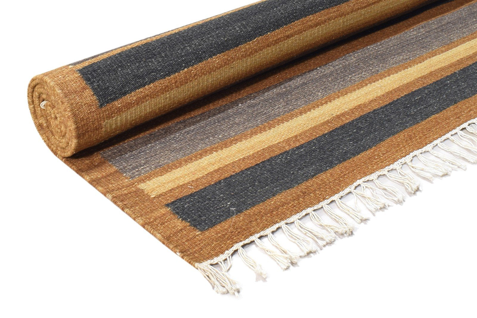 Brown Wool Rug 5' X 8' Modern Dhurrie Bohemian Striped Room Size Carpet 