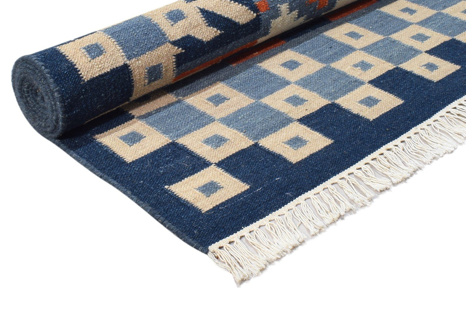 Dhurrie Blue Wool Rug 6' X 8' Southwestern American Tribal Room Size Carpet 