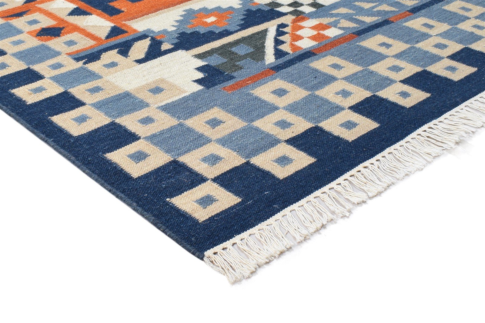 Dhurrie Blue Wool Rug 6' X 8' Southwestern American Tribal Room Size Carpet 