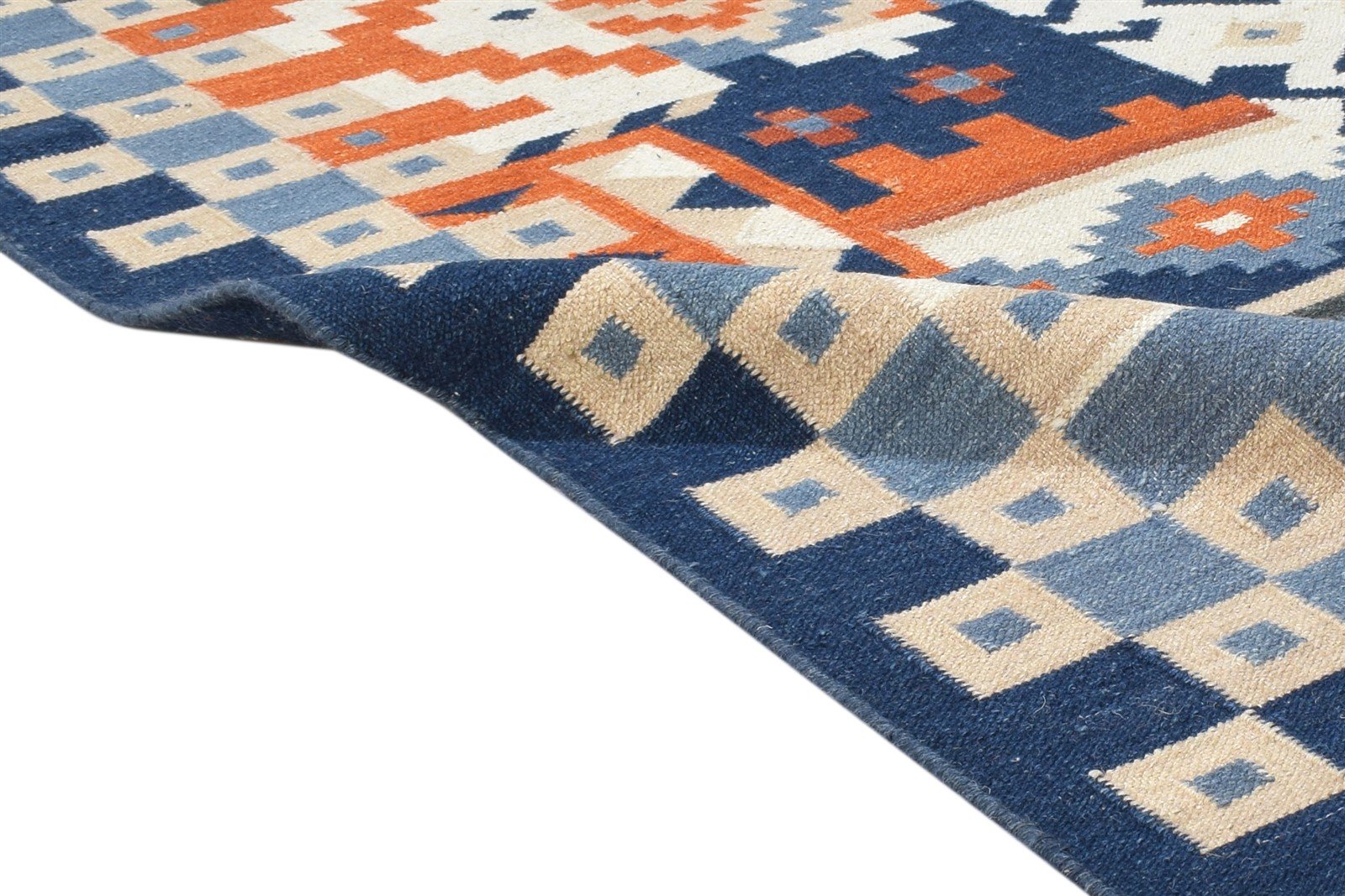 Dhurrie Blue Wool Rug 6' X 8' Southwestern American Tribal Room Size Carpet 