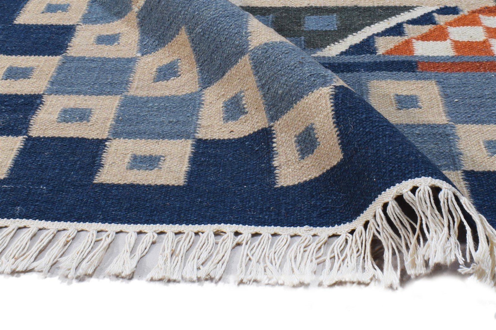 Dhurrie Blue Wool Rug 6' X 8' Southwestern American Tribal Room Size Carpet 