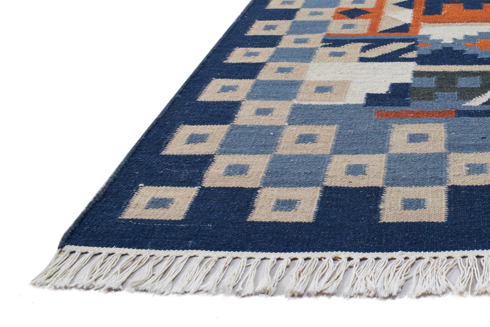 Dhurrie Blue Wool Rug 6' X 8' Southwestern American Tribal Room Size Carpet 