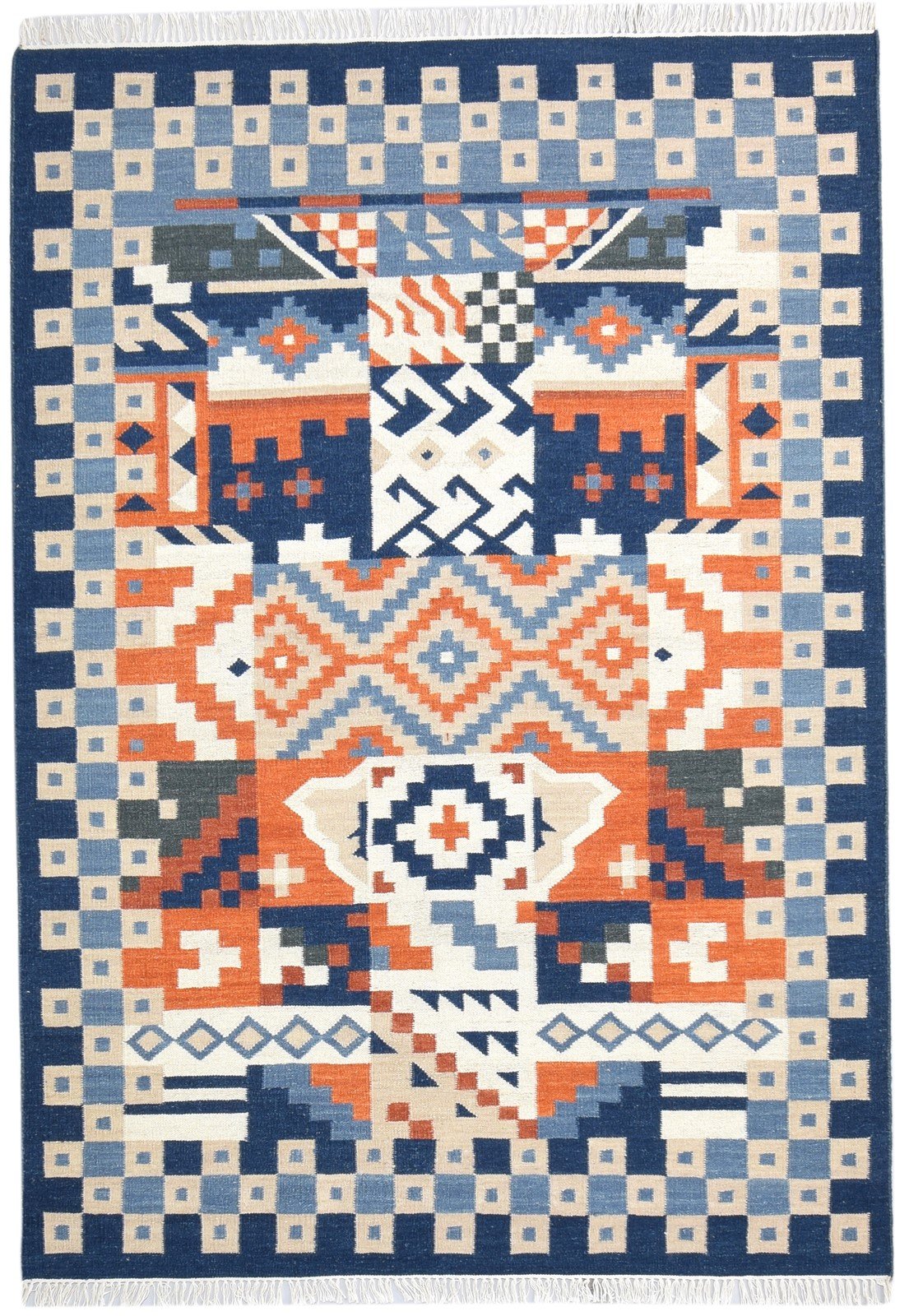 Dhurrie Blue Wool Rug 6' X 8' Southwestern American Tribal Room Size Carpet 