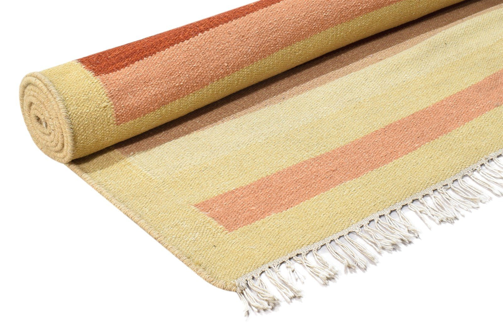 Dhurrie Rust Wool Rug 6' X 8' Modern Scandinavian Striped Room Size Carpet 