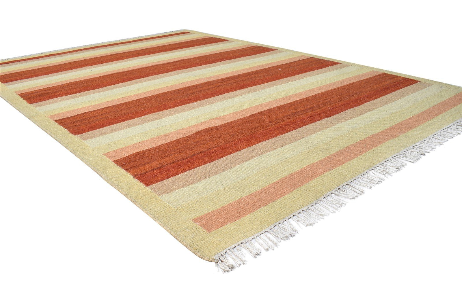 Dhurrie Rust Wool Rug 6' X 8' Modern Scandinavian Striped Room Size Carpet 