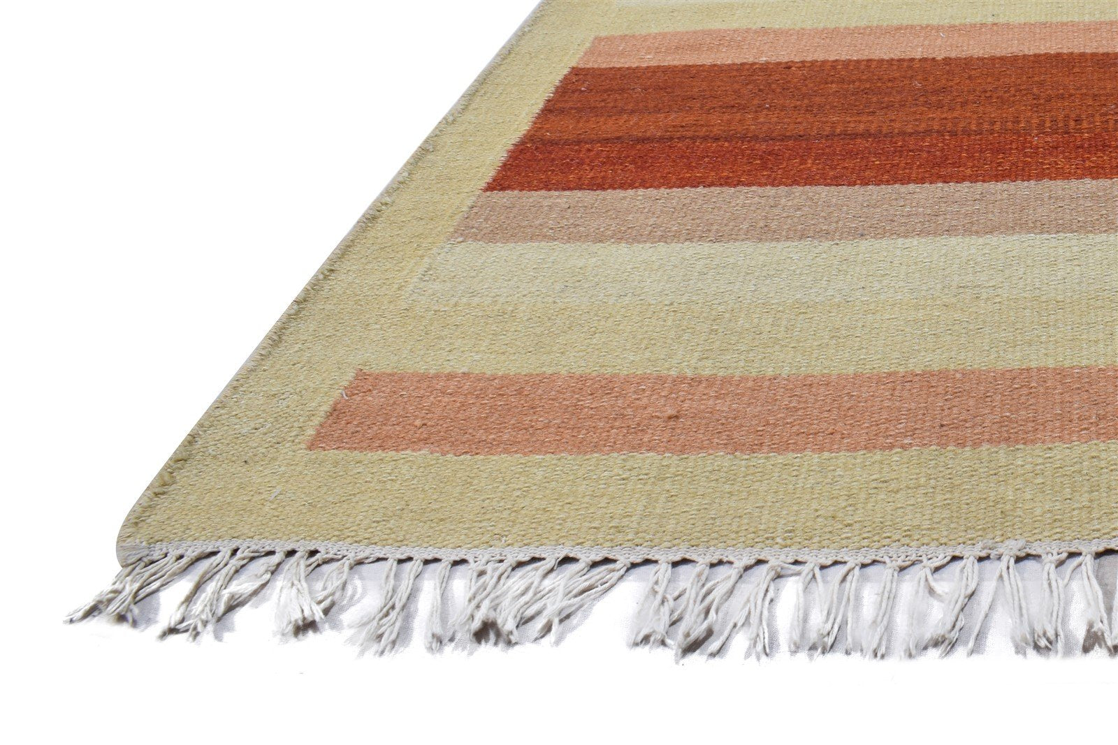 Dhurrie Rust Wool Rug 6' X 8' Modern Scandinavian Striped Room Size Carpet 