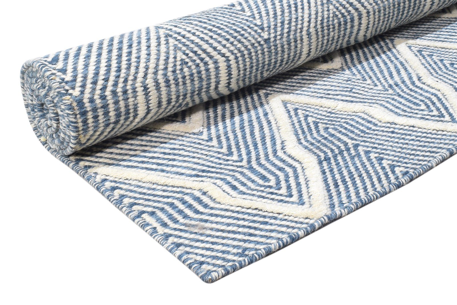 Blue Wool Rug 5' X 8' Modern Hand Woven Scandinavian Chevron Room Size Carpet 