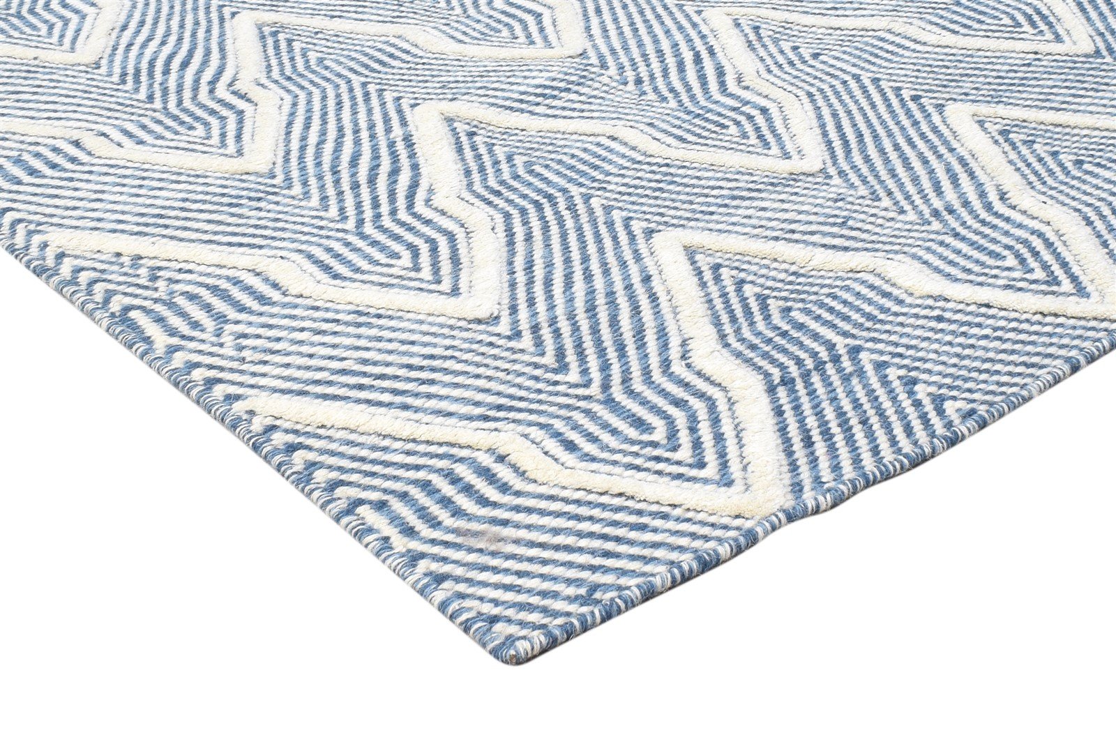 Blue Wool Rug 5' X 8' Modern Hand Woven Scandinavian Chevron Room Size Carpet 