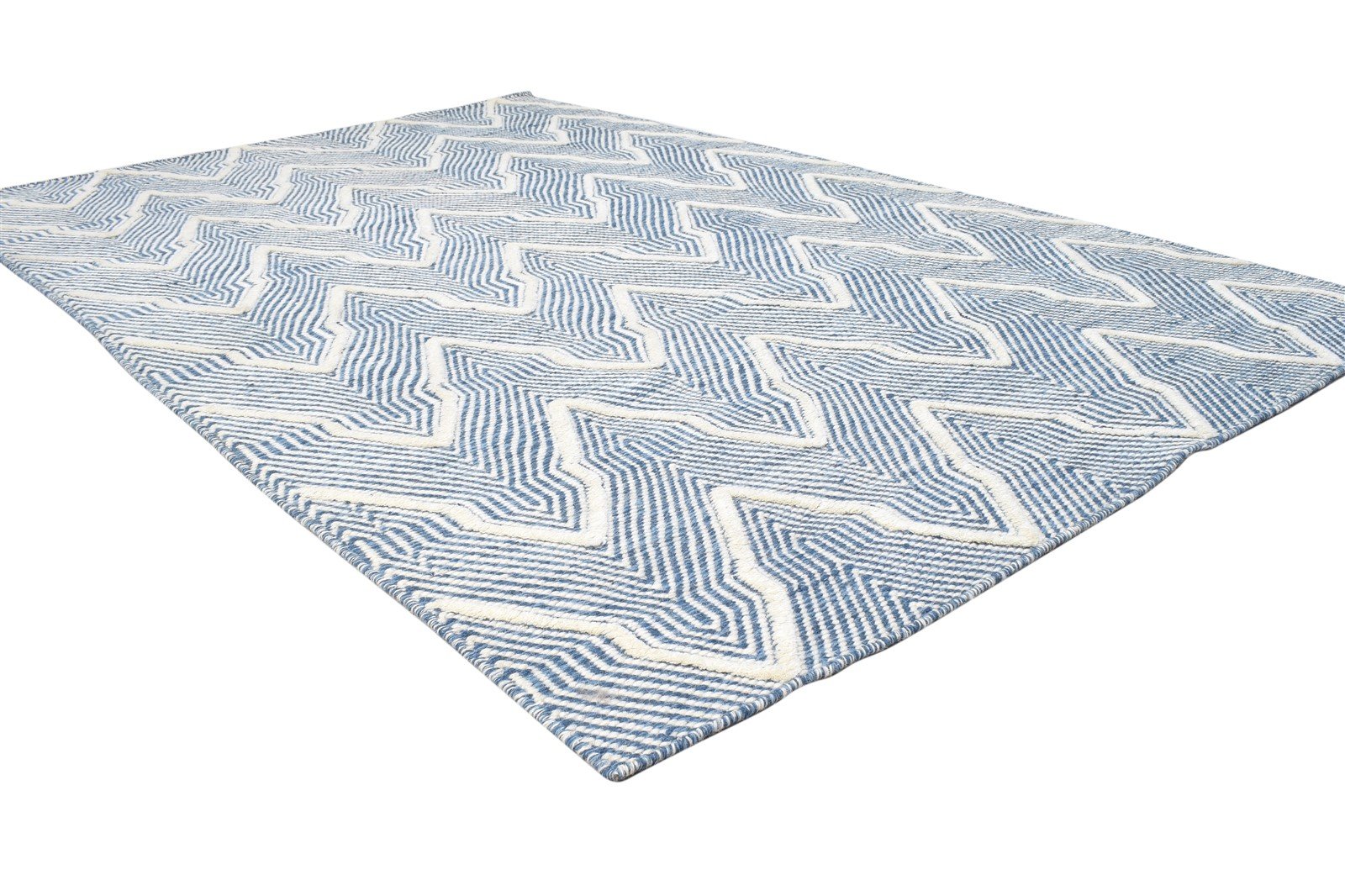 Blue Wool Rug 5' X 8' Modern Hand Woven Scandinavian Chevron Room Size Carpet 