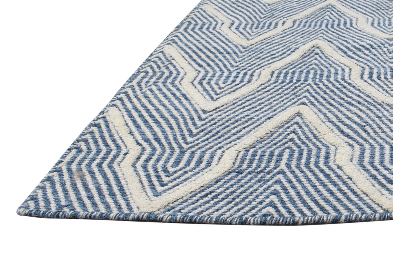 Blue Wool Rug 5' X 8' Modern Hand Woven Scandinavian Chevron Room Size Carpet 