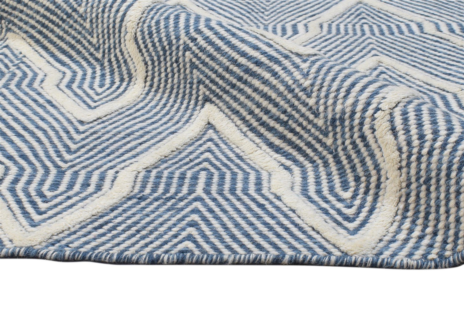 Blue Wool Rug 5' X 8' Modern Hand Woven Scandinavian Chevron Room Size Carpet 